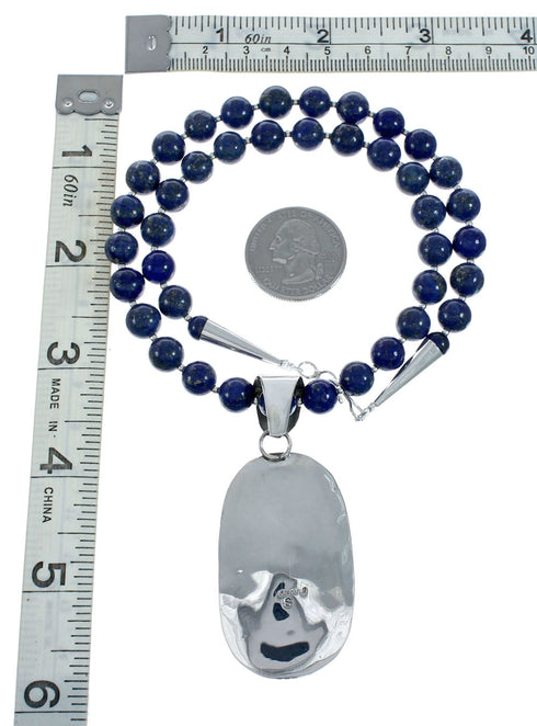 Navajo Lapis Sterling Silver And Bead Pendant Necklace Set X10694